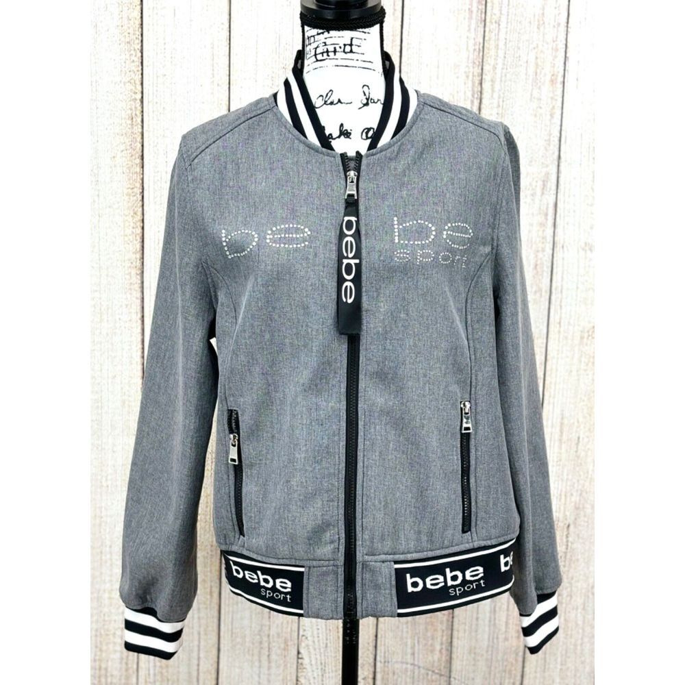 Bebe Sport Bomber Jacket Women's Size XL Soft Shell Fleece Lined Rhinestone Logo
